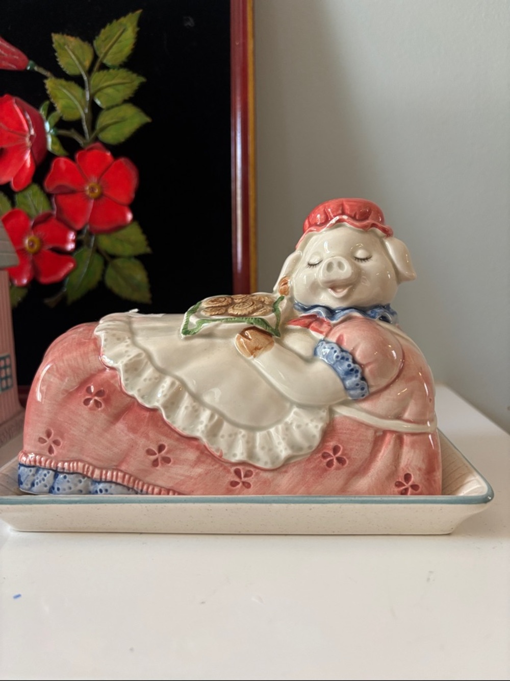 Vintage Otagiri Japanese hand-painted Pig Butter Dish - Pink, Cream and Blue